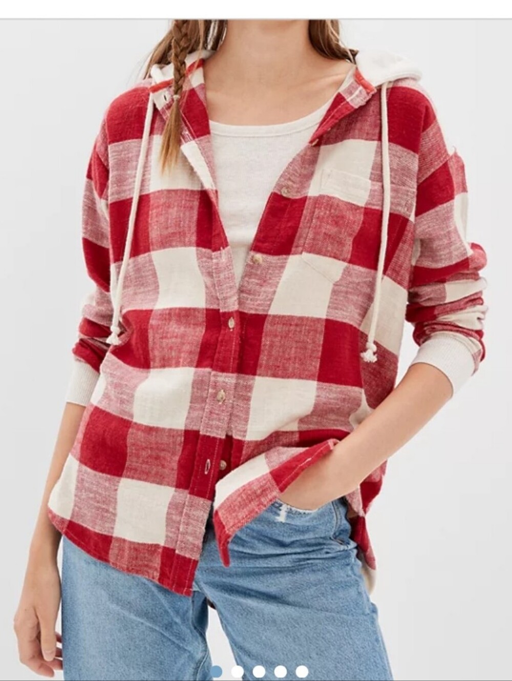 American Eagle Outfitters Red and Cream Plaid Hooded Button-Down